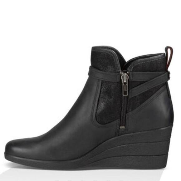 Ugg Emalie Moto Buckle Wedge Leather Lined Heels Boots Shoes Bootie - Picture 3 of 14